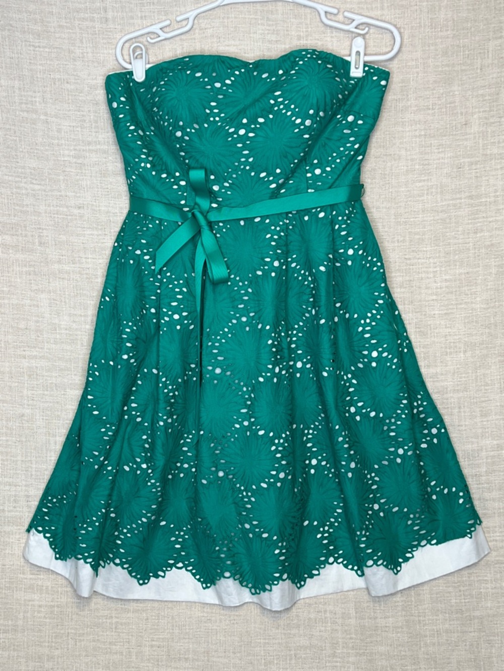 Donna Morgan Teal Eyelet Strapless Dress with Satin Belt